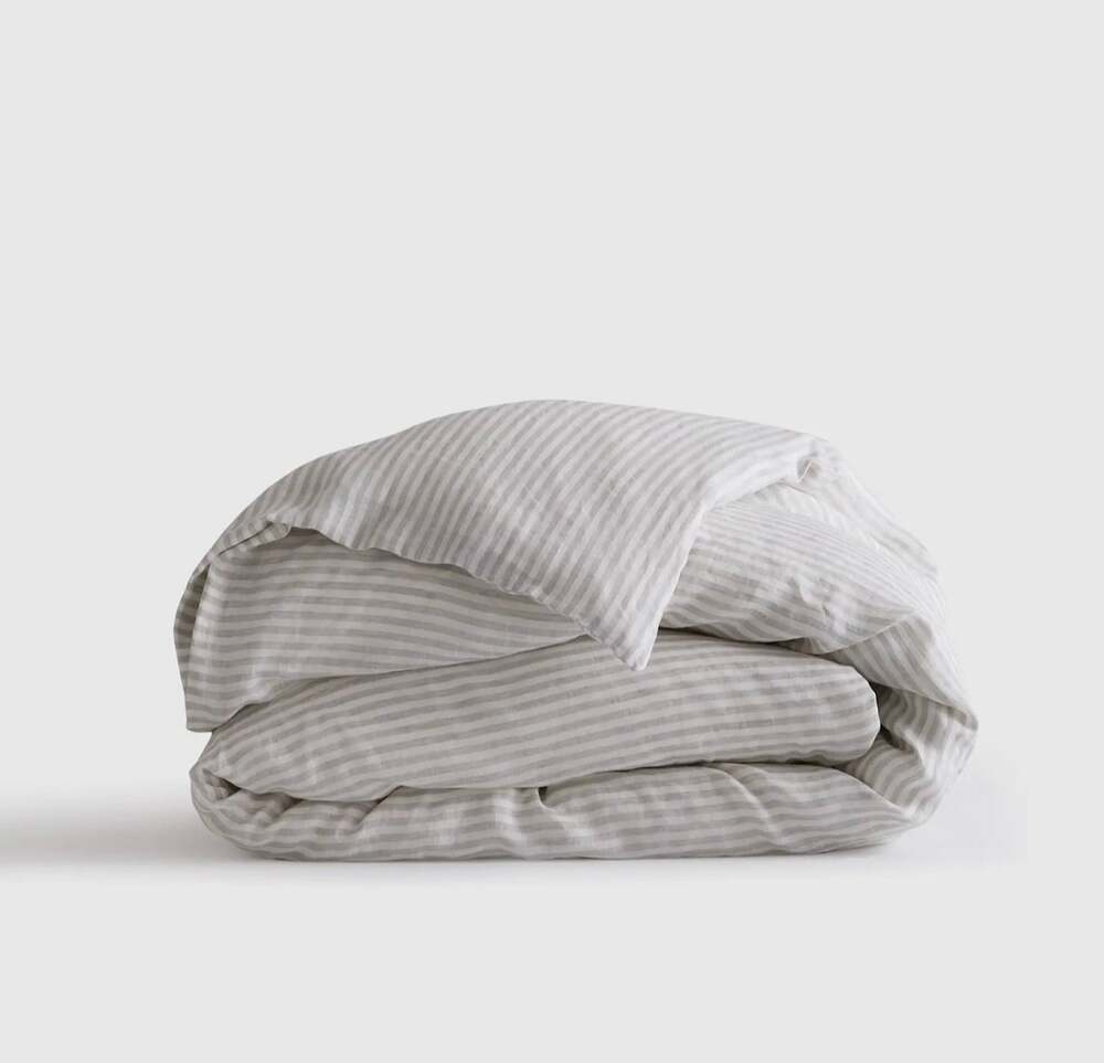 Quince European Linen Duvet Cover White Gray Striped in Full/Queen